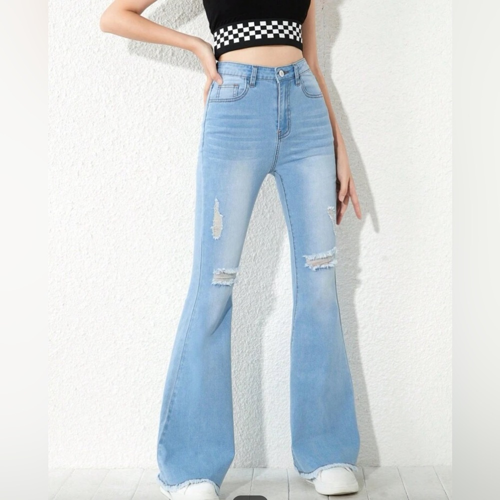 SHEIN Teen Girls 11-12Y Ripped Flared Jeans